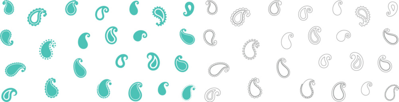 Teal and outline paisley shapes on white background