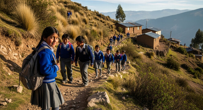 Children in Bolivian school uniforms walking up a steep hillside path