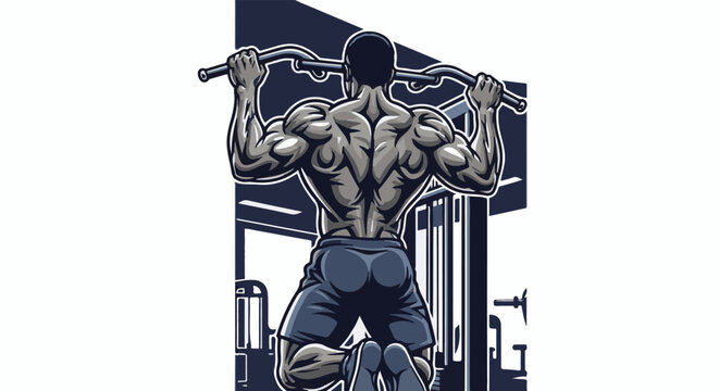 Muscular athlete performing a pull-up exercise in a gym setting