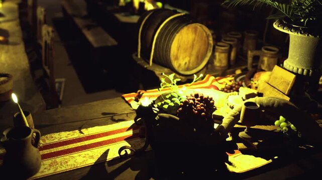 Dim candlelit rustic table with barrel, woven cloth, herbs and pottery bathed in warm amber glow deep shadows fall across wooden planks, scattered seeds