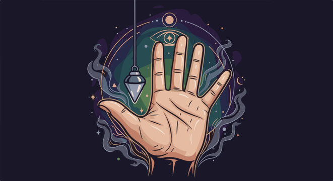 Hand held open with pendulum and mystical eye symbol