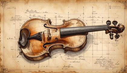 Naklejka premium Detailed technical blueprint of a violin showing top, side, and scroll views from the 18th century