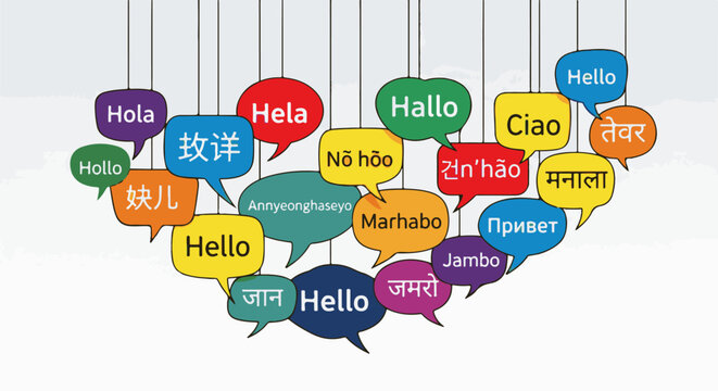 Colorful speech bubbles in various languages saying "Hello