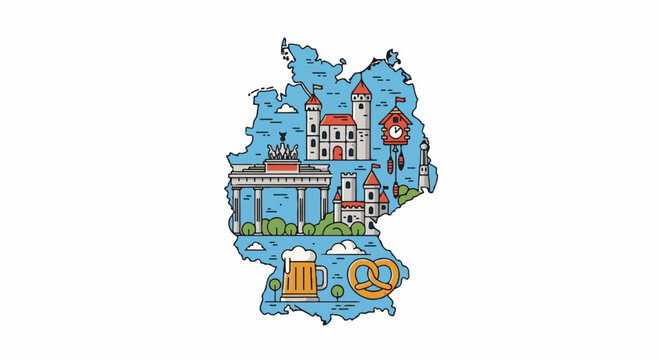 German map silhouette filled with iconic landmarks, castles, and beer