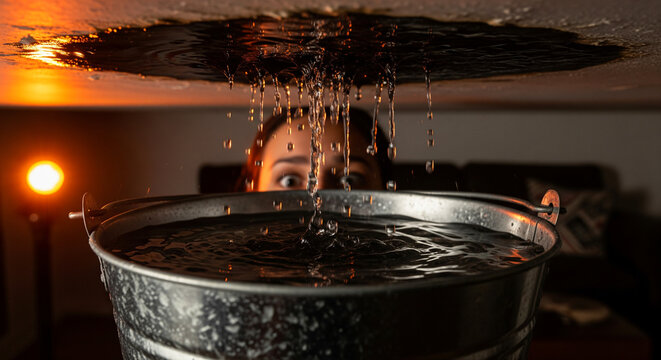 Water from ceiling leak flows into bucket as intensity of stream suddenly increases inside living room at night