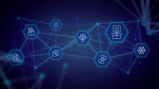 PIM animated banner with line icons. Product information management system. Outline symbols on dynamic background. Dark to light transition. HD video for website header, presentation