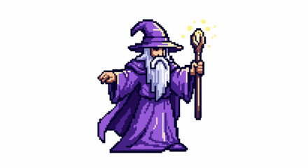 Obraz premium Pixel art wizard in purple robes holding a magical staff with sparks