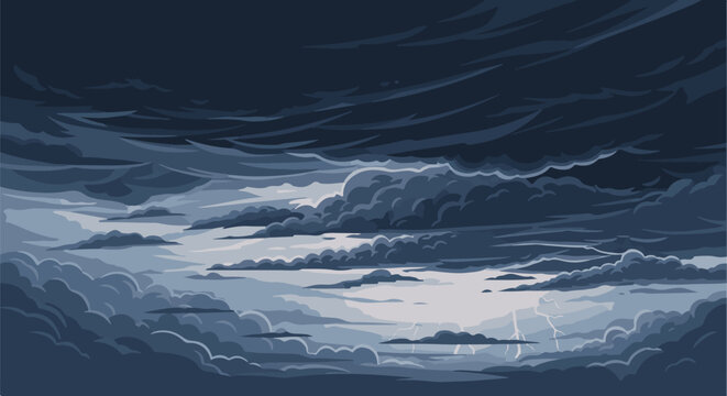 Dark, dramatic pixel art depiction of a stormy sky with lightning strikes