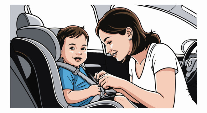 Mother securing child in car seat, smiling, inside vehicle