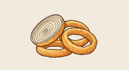 Fototapeta premium A pile of golden-brown, crispy onion rings and a cross-section of an onion