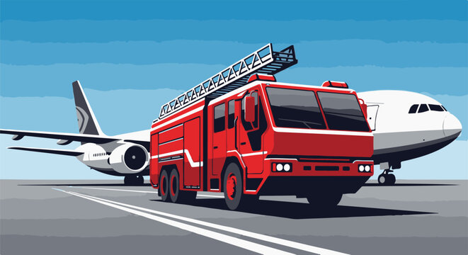 Red airport fire engine parked by a large commercial airplane on runway