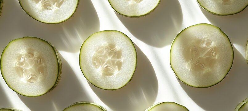 Translucent Cucumber Slices on a Rustic Wooden Board with Light Reflection and Freshness Details