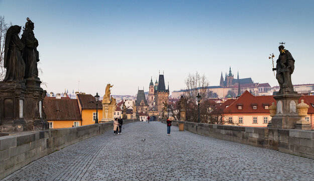 charles Bridge in Prague  Czech Republic at sunrise with historic statues