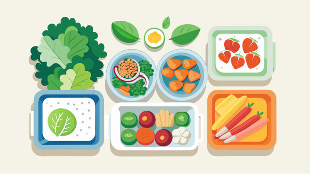 Healthy meal prep containers with fresh vegetables fruits and greens in colorful flat illustration top view