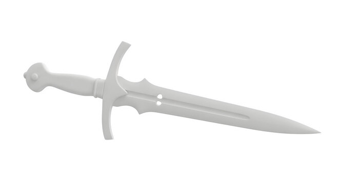 A silver sword lies on a surface with its blade pointing right