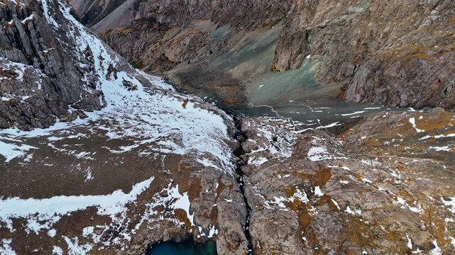 Aerial View of Meltwater Stream and Snowy Rocks Ala Kul