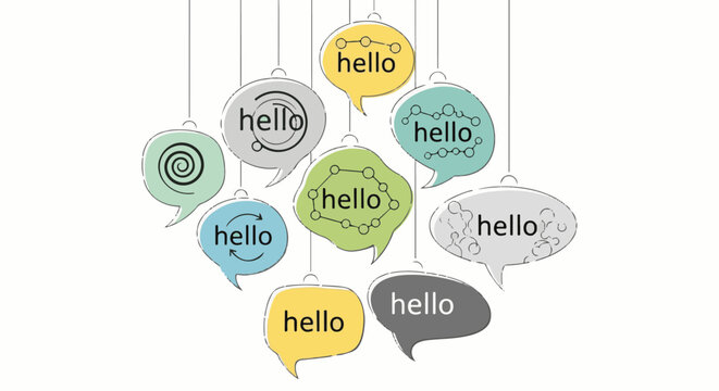 A cluster of colorful speech bubbles, each saying "hello," hang suspended