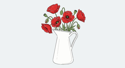 Obraz premium A white pitcher brimming with vibrant red poppies and buds on a pale background