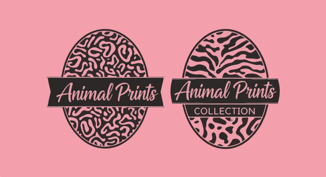 Two oval logos with animal prints and text on a pink background