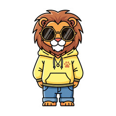 Fototapeta premium Cool Cartoon Lion Wearing Sunglasses and Yellow Hoodie, Standing Confidently