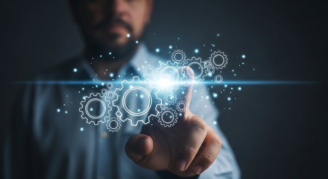 Man touching glowing digital gears mechanism, isolated on transparent background