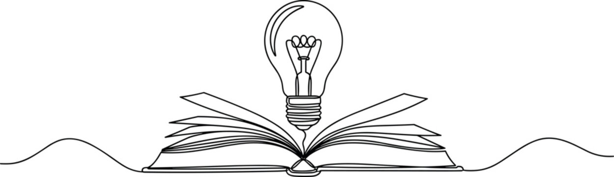 Open book with light bulb vector illustration, minimalist line artwork symbolizing knowledge, learning, inspiration, and creative ideas