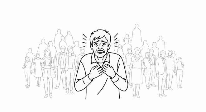 A man in distress, hands clasped to his chest, surrounded by an indistinct crowd