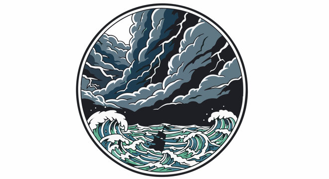 Stylized stormy sea with dark clouds and lightning over a tiny silhouette