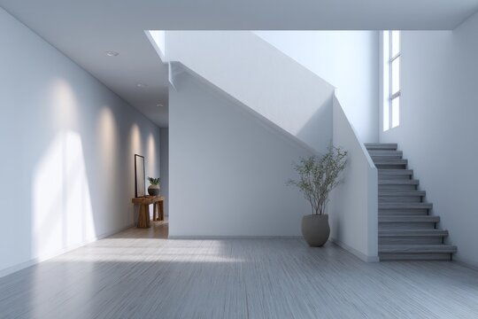 Bright, modern interior with a staircase and hallway illuminated by natural light.