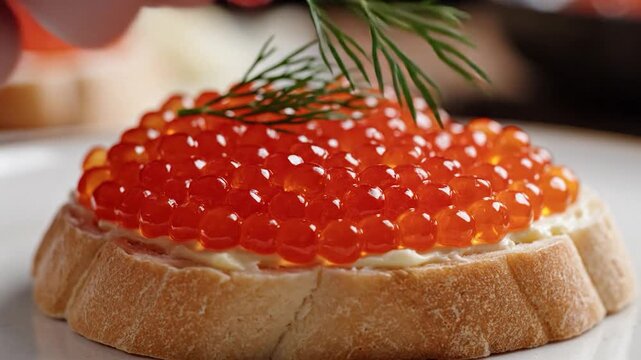 A delicious appetizer featuring a slice of bread generously topped with creamy spread and vibrant red fish roe, garnished with fresh green herbs
