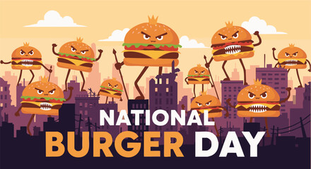 Naklejka premium Cartoon burgers dancing on city skyline in playful humorous style with bright vibrant colors for National Burger Day celebration
