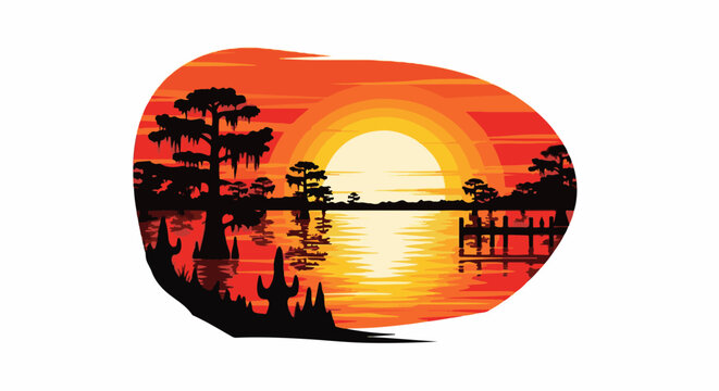 Vivid sunset paints sky orange over tranquil bayou with cypress trees
