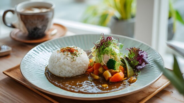 カフェ風の彩り野菜カレーとコーヒーのある朝の食卓