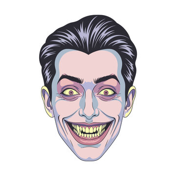 Creepy Man Face with Wide Grin and Yellow Eyes - Vector Illustration