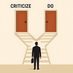 Fototapeta premium Man Choosing Between Criticize and Do Doors, Decision Concept Illustration