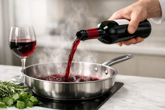 Wine Infusion: A culinary moment captured as a chef pours vibrant red wine into a sizzling pan, a glass of wine on the side enhancing the aroma, suggesting a delightful cooking experience.
