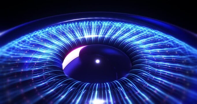 Abstract digital eye animation with technology fiber optic lines. Abstract futuristic technology related 3d animation.