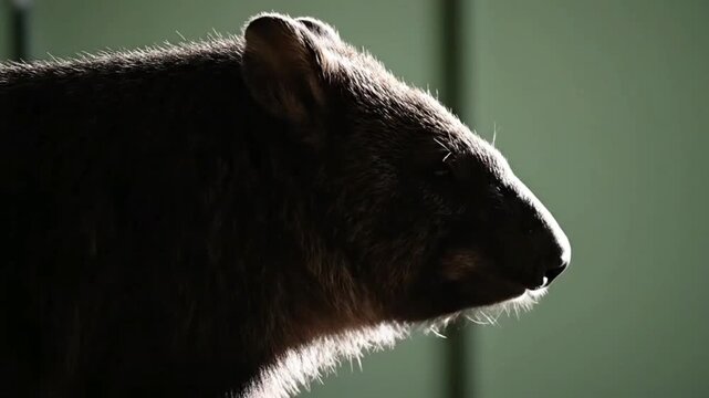 Close-up of wombat face with soft fur and calm expression. Native wildlife concept showing natural habitat and gentle behavior.