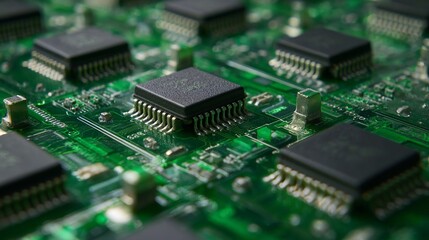 Obraz premium Computer chips sit on a green board.