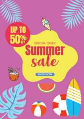 Fototapeta premium Summer Tropical Sale Promotion A4 Flyer Poster Template with Beach Party Vibes, Palm Leaves, Monstera Design, Editable Minimal Layout for Marketing Advertising Brochure Cover