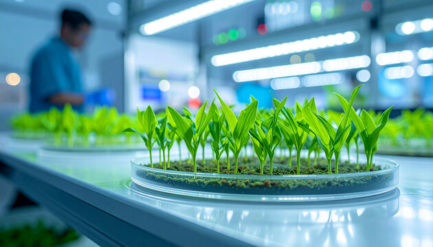 Transgenic maize plantlets growing in a controlled lab environment with bright lighting and focus on the young plants