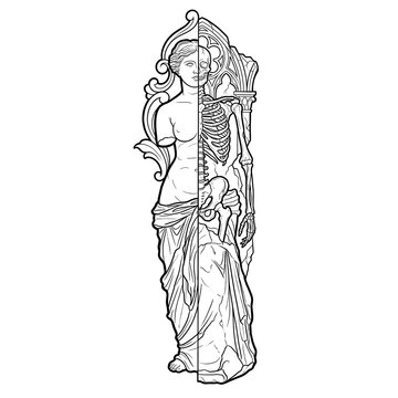 Half woman half skeleton statue in gothic arch isolated black and white line art