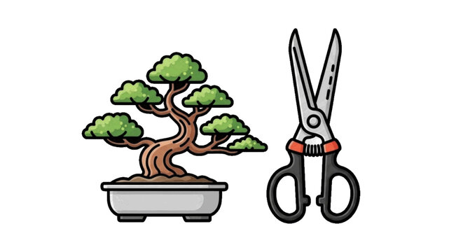Vector illustration of bonsai tree in a ceramic pot with professional gardening shears on transparence background