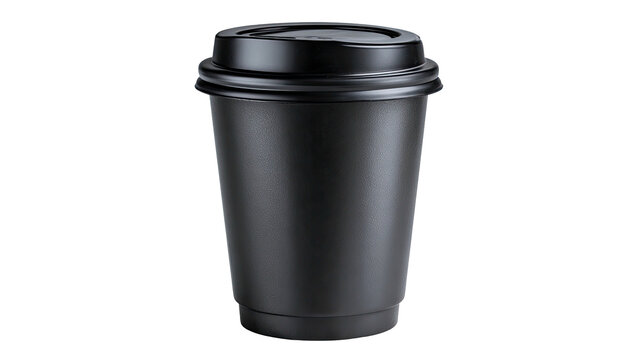 A black, disposable paper coffee cup with a lid against a pitch-black background