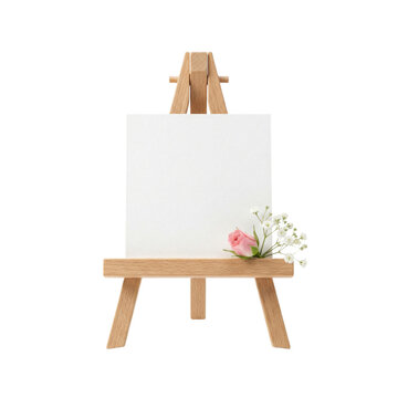 Small wooden easel with blank white card and rose isolated. Wedding table seating mockup.