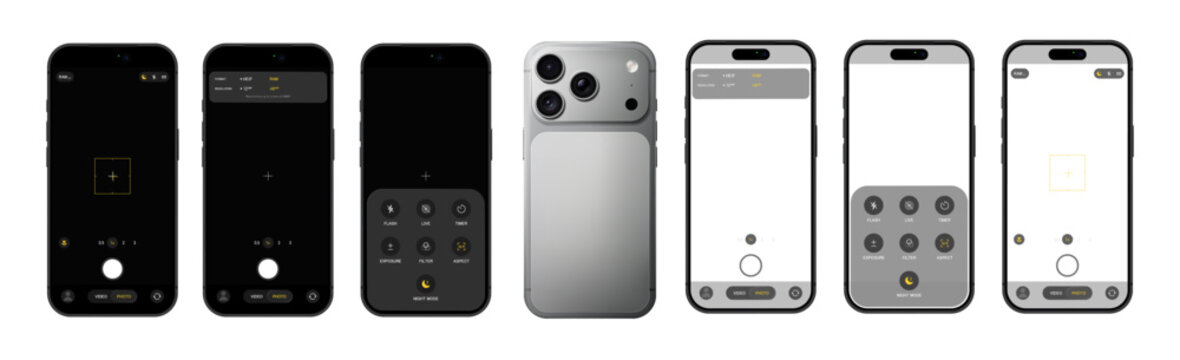 Photorealistic detailed phone photo camera mockup isolated on transparent background. 2026 design. Vector PNG