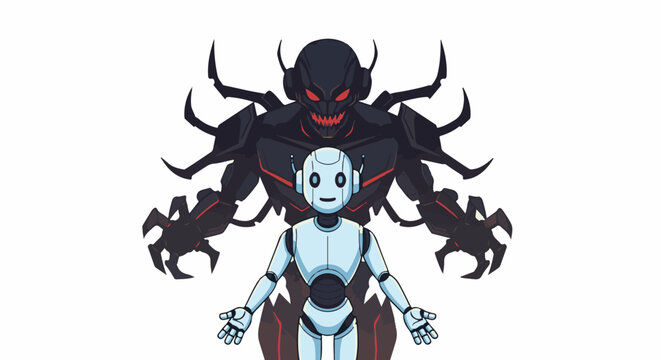 A friendly robot stands before a menacing, spiky, dark entity