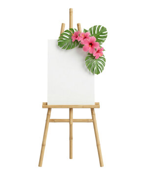 Bamboo easel with blank canvas and pink hibiscus flowers isolated. Wedding or event signage mockup.