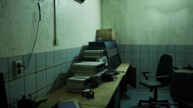 Silent call center with empty stations and absent headsets, rows of desks and chairs with stacked forms and printers, humming overhead light and stained tiles,