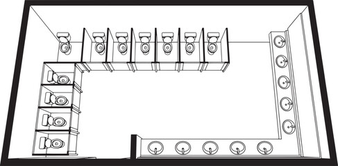 Fototapeta premium A detailed overhead architectural drawing showcases a public restroom layout, with multiple stalls and sinks arranged for functionality.